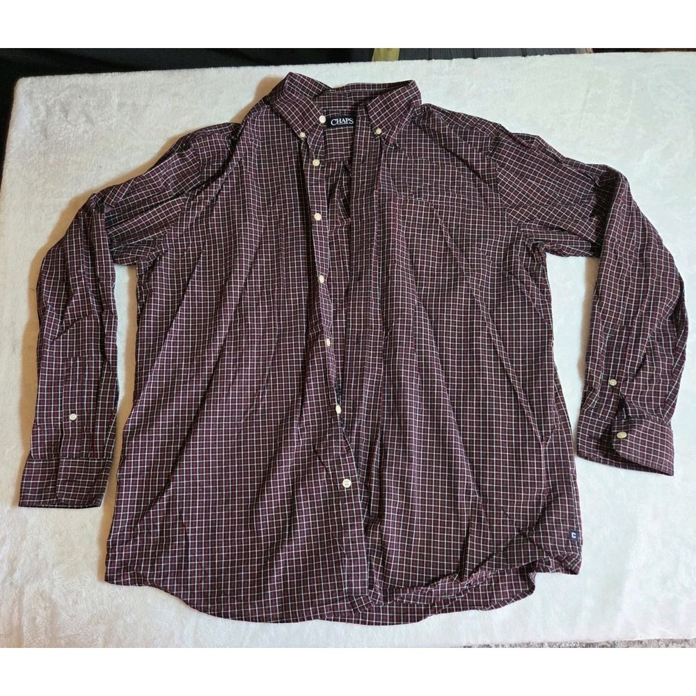 M402 CHAPS Men's 2XLT Tall Plaid Button Down Shirt Black Red Long Sleeve